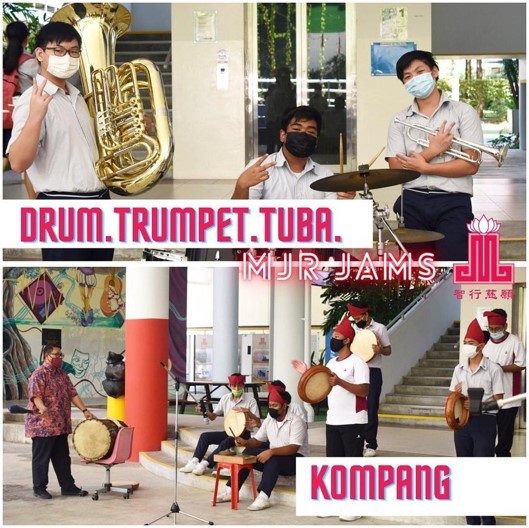 Collage of masked student musicians playing brass instruments, drums, and kompang in a school performance.